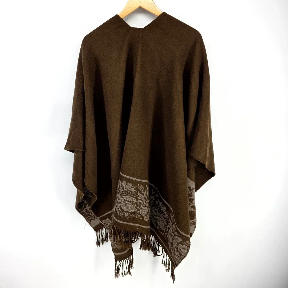 Cejon Poncho Wrap Wom OS Brown Floral Jacquard Fringe Shawl Cape Boho Open Front